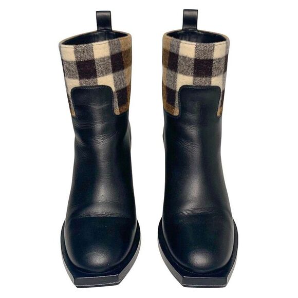 Burberry Danielle Low Calf Nova Check Heeled Boot EU 38 Leather and Wool Pull On - Picture 2 of 14